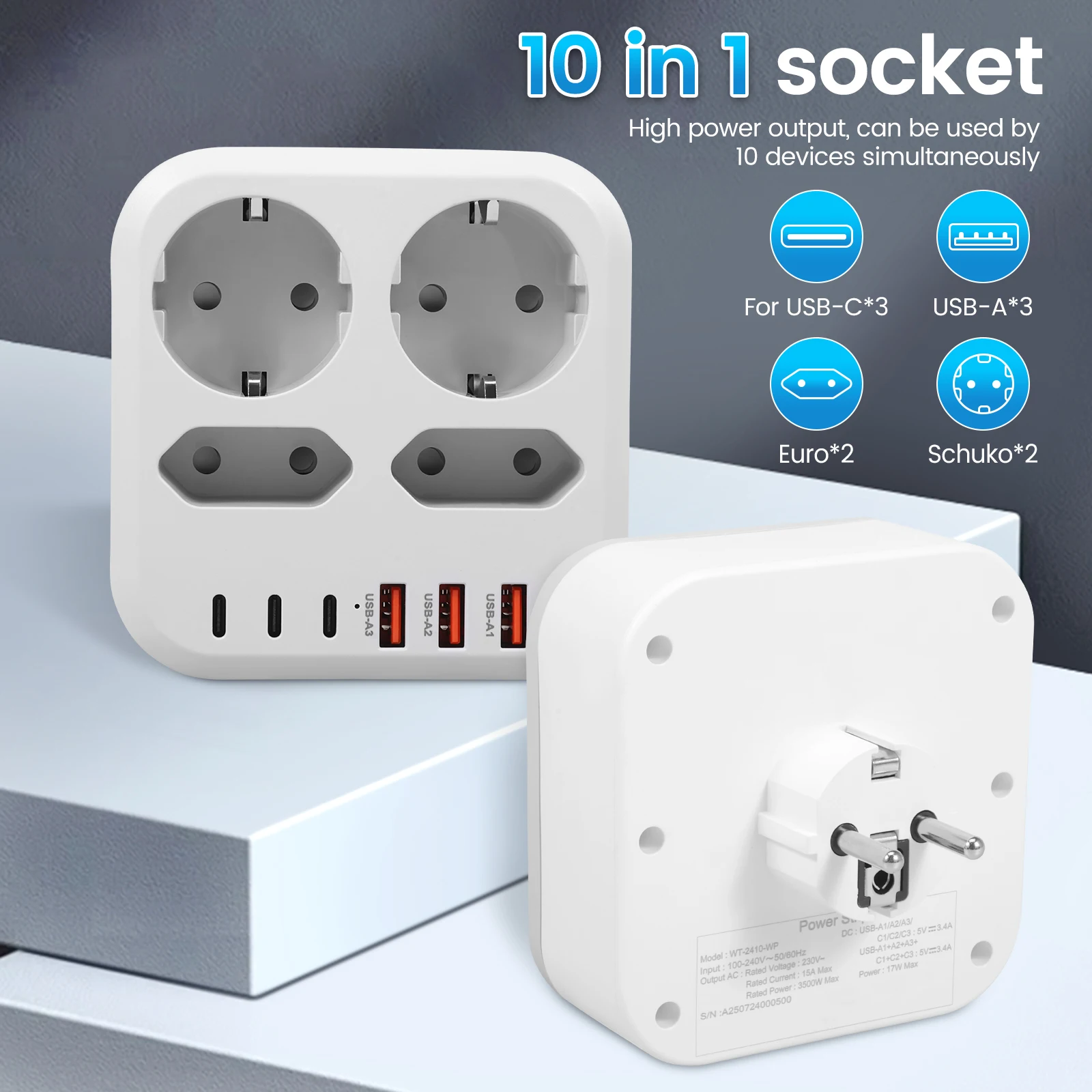 

10 in 1 Multi Plug EU Wall Socket with 3 USB C and 3 USB A Ports High Power Output 17W 5V 3.4A Charger for Home Office Travel