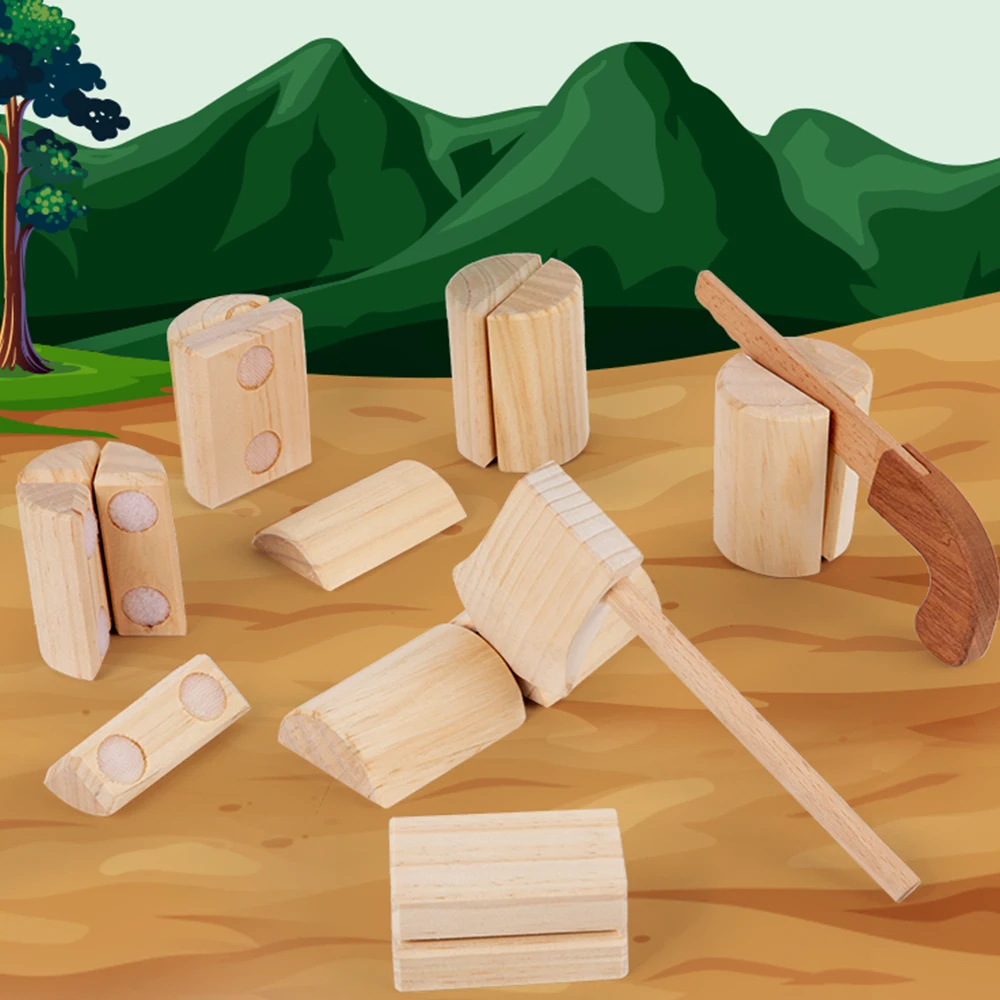 Wooden Chopping Blocks Toy Set Axe and saw chop through blocks Kids play happy little carpenters
