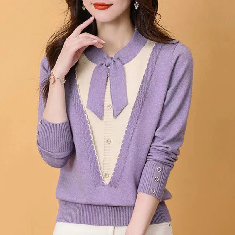 Suéter de punto empalmado con cuello en V para mujer, ropa con lazo, jerséis casuales, Tops falsos coreanos de dos piezas, moda de otoño, 2023