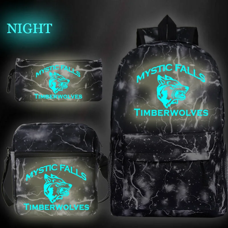3pcs/set The Vampire Diaries School Bags Luminous Boy Girl Backpack Large Capacity Student BookBag Stationery Storage Pencil Bag