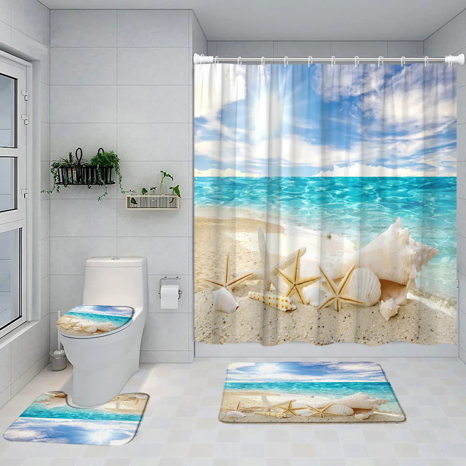 Ocean Beach Shower Curtain Set Starfish Conch Hawaiian Nature Scenery Home Bathroom Decor Non-Slip Rug Bath Mat Toilet Lid Cover