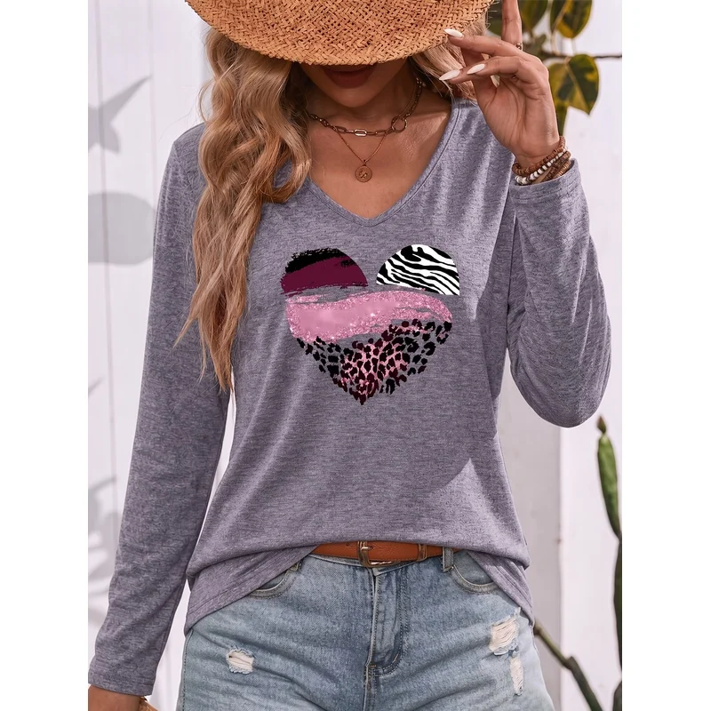 Zebra Leopard Print Sequined Patchwork Heart Pattern V Neck Long Sleeve T Shirt Loose Casual Basic Tee For Daily Commute Leisure