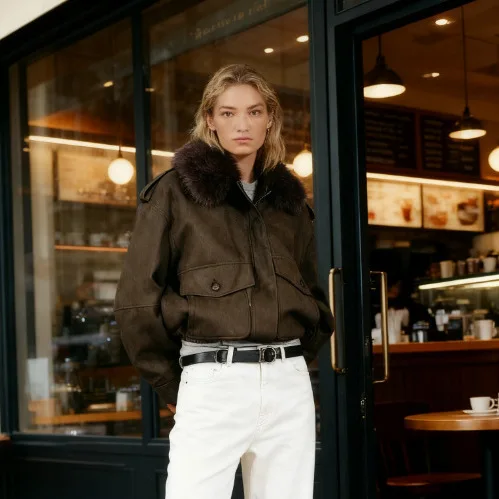 

Осень 2024, новая оливково-зеленая куртка, элегантный дизайн, модная универсальная замшевая куртка с меховым воротником, как короткий силуэт, женская верхняя одежда