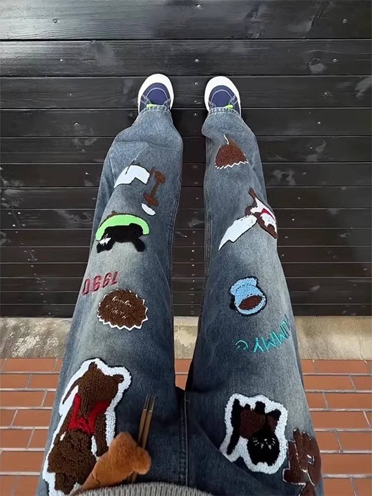 

Cartoon Floing Towel Embroidered Jeans Men's American High Street Vibe Loose Straight Leg Jeans Trendy Brand Haome