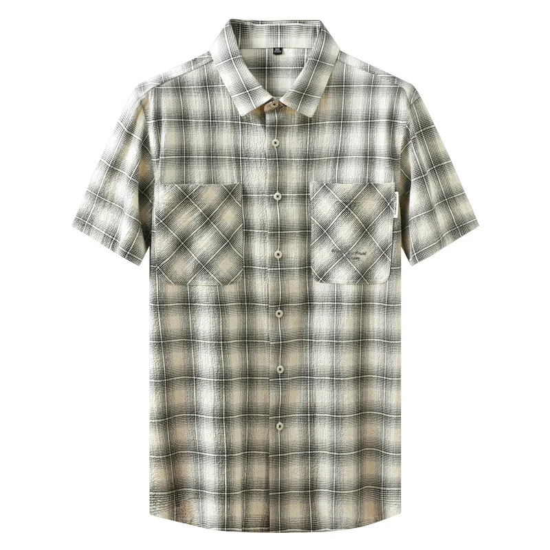 Summer Men's Light Mature Casual Trendy Fashion Versatile Shirt Checkered Half Cuff Pocket Short Sleeve Loose Shirt W3122