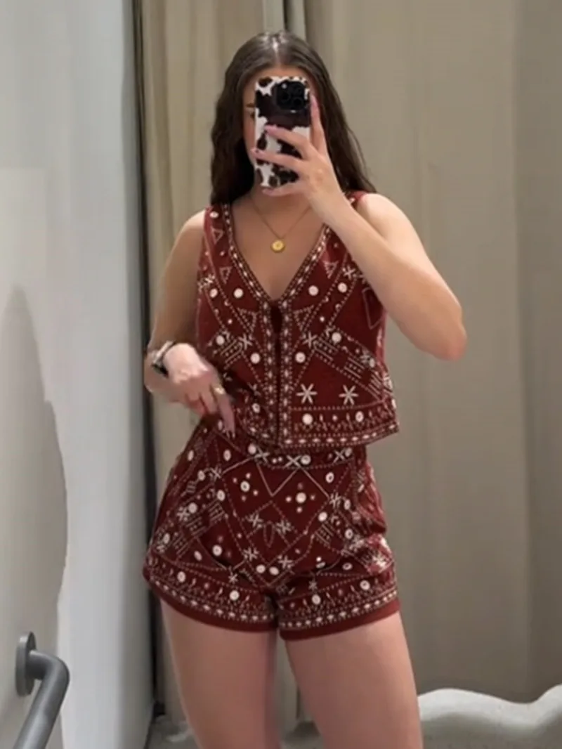 

Embroidered Print Shorts Set Women Casual V-neck Single Breasted Sleeveless Vest Low Waist Pants 2025 Summer Street Lady DD8Q