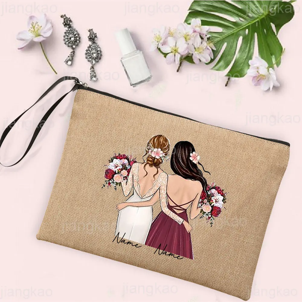 Personalized Custom Name Makeup Bags Bachelorette Party Neceser Cosmetic Bag Linen Zipper Bag Toiletry Organizer Bridesmaid Gift