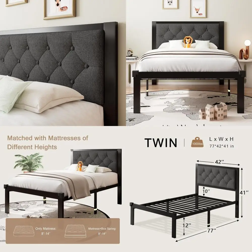 12 Metal Platform Bed Frame with Linen Headboard, Button Tufted, Dark Grey, No Box Spring, Storage Included