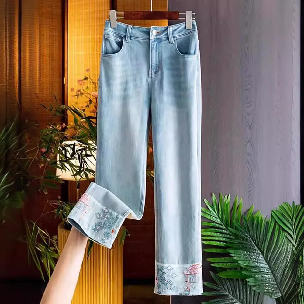 

Straight Jeans Women Denims Pants Embroidery 2025 Streetwear Stretch High Waist Washed Pockets Distressed Female Trousers