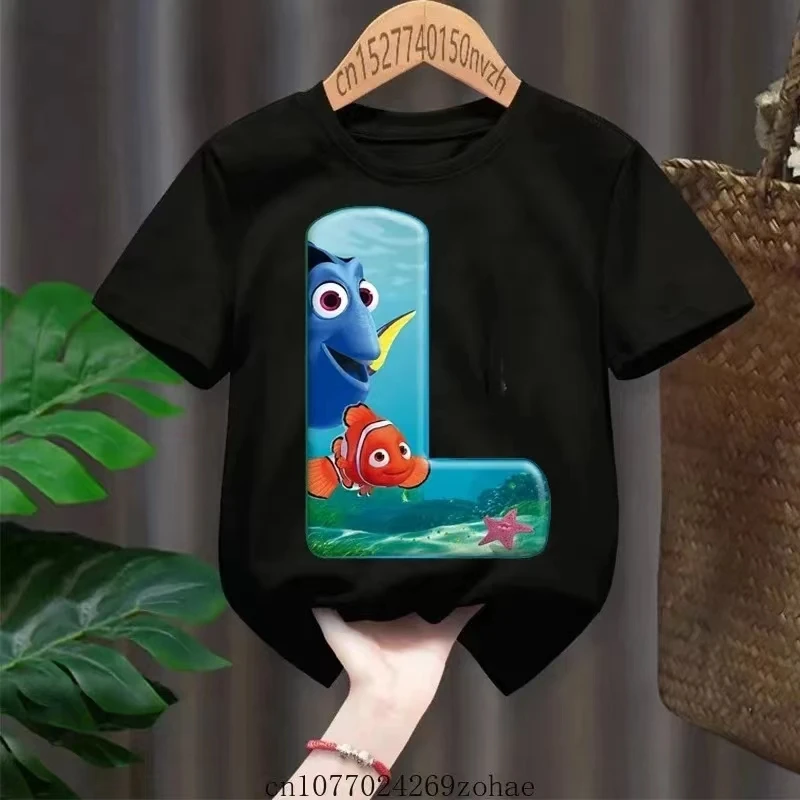 Camiseta de algodón con estampado de Disney Finding Nemo para niños y niñas, camisa de cuello redondo a la moda, ropa de manga corta, novedad de verano 2024