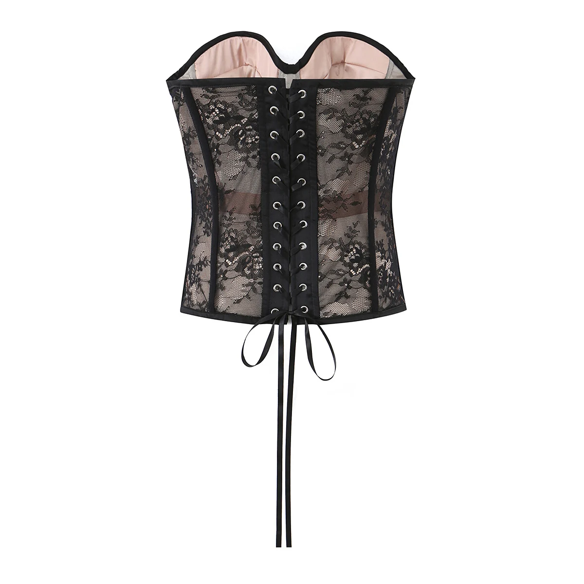 Sexy See Through Black Lace With Lining Pad Bra Boned Corset Women Cross Lacing Up Bandage Back Strapless Tank Boning Crop Top