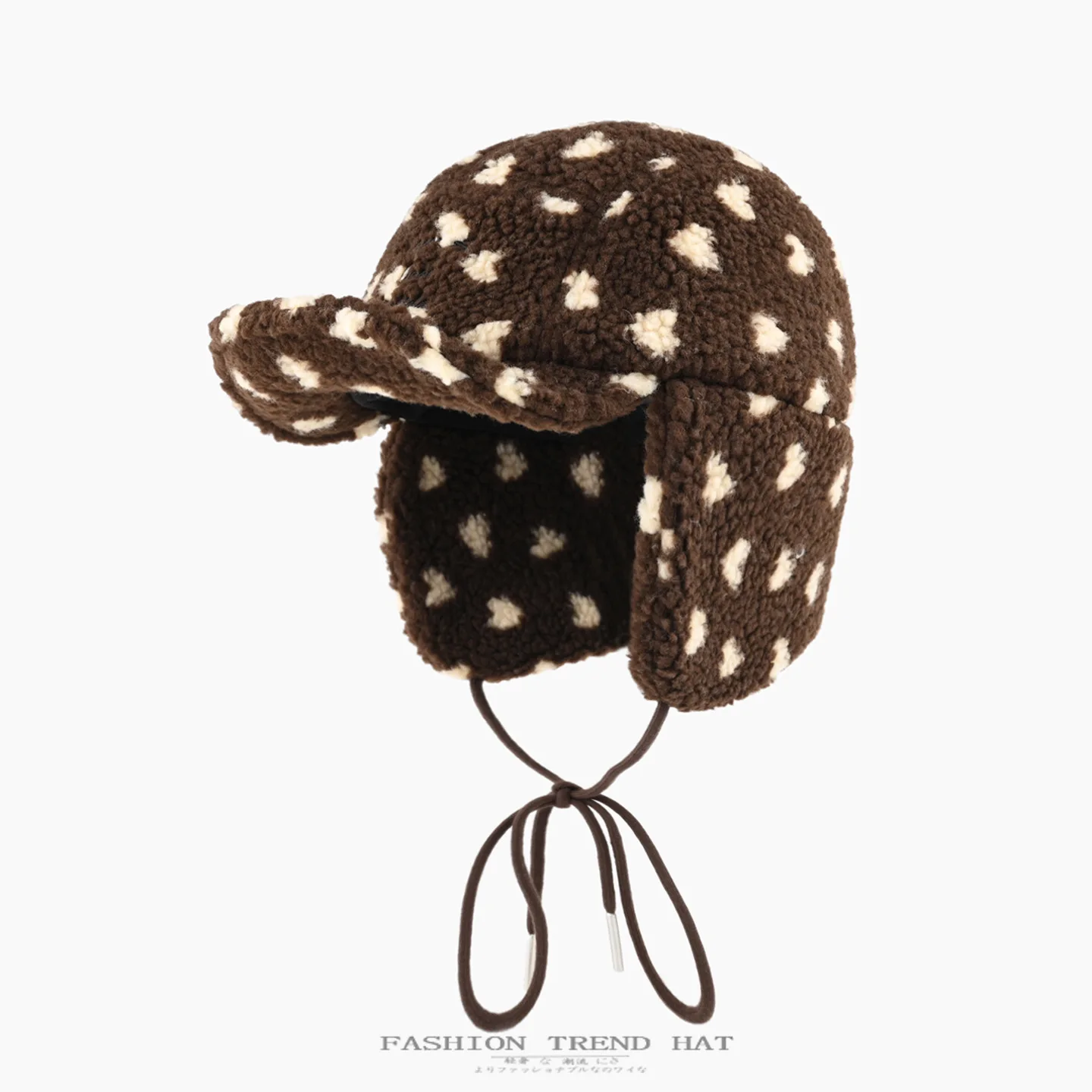 Women Polka Dot Sherpa Trapper Hat Winter Fluffy Lamb Fleece Ear Flap Hat Windproof Ski Cap with Tie String