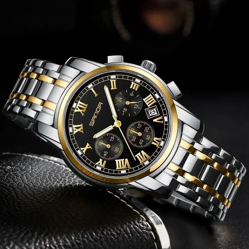 SANDA 7003 Fashion Light Business Waterproof Quartz Wristwatch For Men Simple Round Dial Date Design Noctilucent Watch Shock New image 5