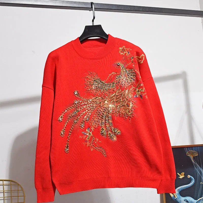 Red Casual Knit Tracksuit Outfits Manual Diamonds Beaded Embroidery Peacock Pullover Tops And Pencil Pants Knitwear 2pcs Sets