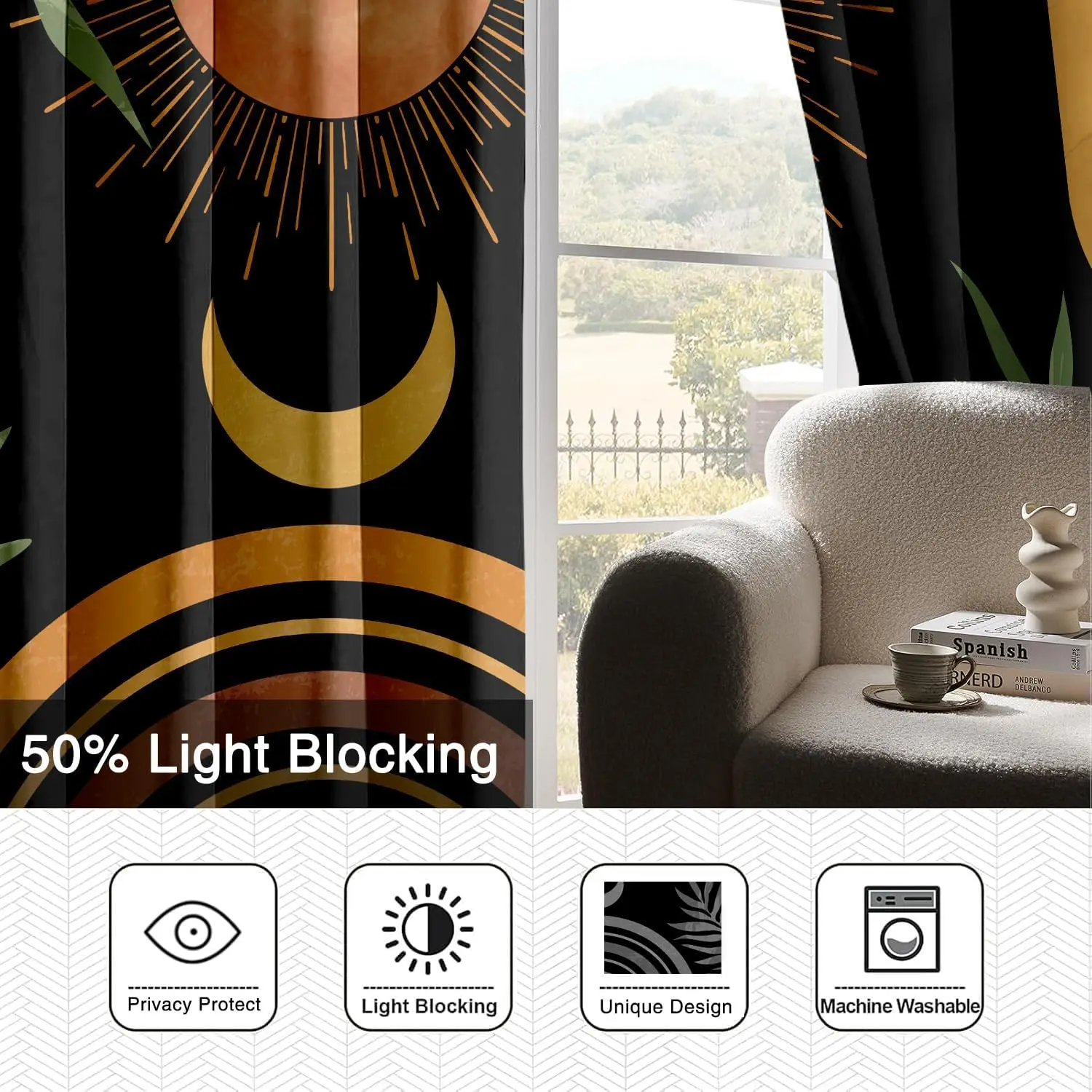 Black Mid Century Abstract Curtains Colorful Boho Aesthetic Curtains for Bedroom Vintage Rainbow Green Leaves Living Room