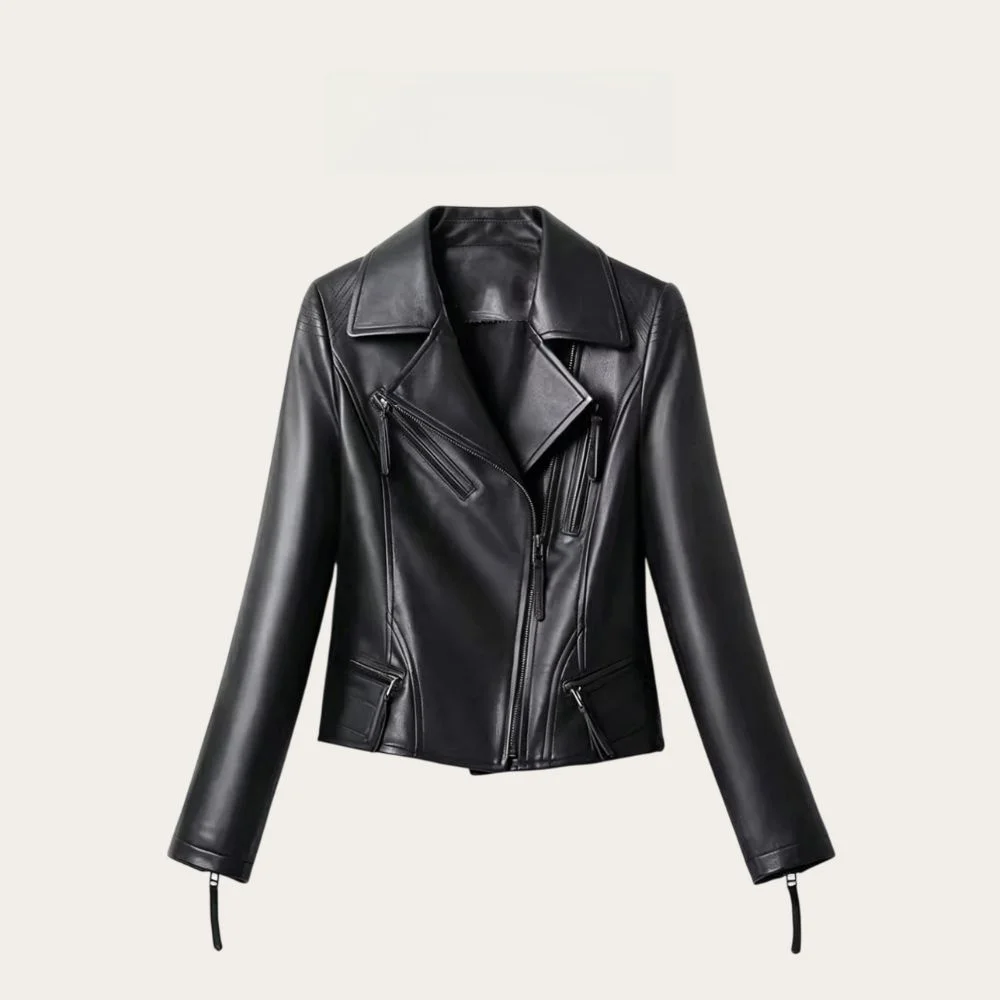 

Spring 2026 Short Genuine Leather Motorcycle Style Jacket Women's Sheepskin Slim Fit Coat Warm Professional Care Required