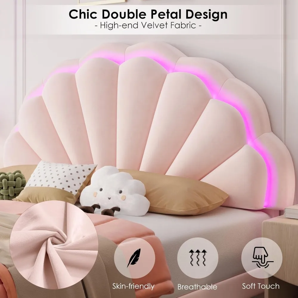 Queen เบาะ LED เตียง 2 ลิ้นชัก & ปรับ Chic Double Petal Headboard, กํามะหยี่เจ้าหญิงแพลตฟอร์มเตียง, สีชมพู