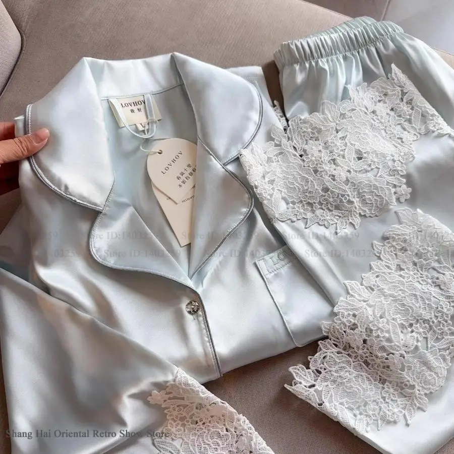 

Элегантный шелковый атласный пижамный комплект из 2 предметов, женская одежда для сна, сексуальный кружевной пижамный костюм с длинными рукавами, одежда для дома, свободная домашняя одежда большого размера 4XL