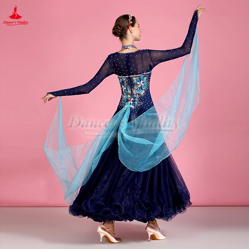 Dark Blue Hook Finger Long Sleeves Social Dance Perform Dresses Adult Waltz Foxtrot Quickstep Tango Contest Professional Clothes