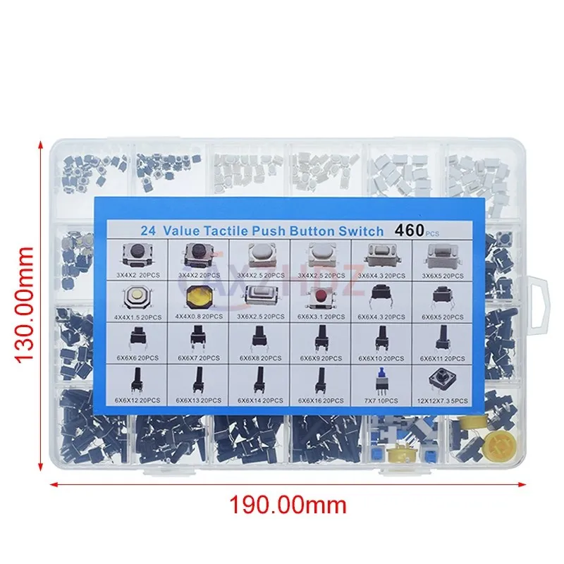 460 stks 24 Waarden Tactile Drukknop SMD DIP Micro Momentary Tact Switch Assortiment Kit voor Auto Afstandsbediening met doos