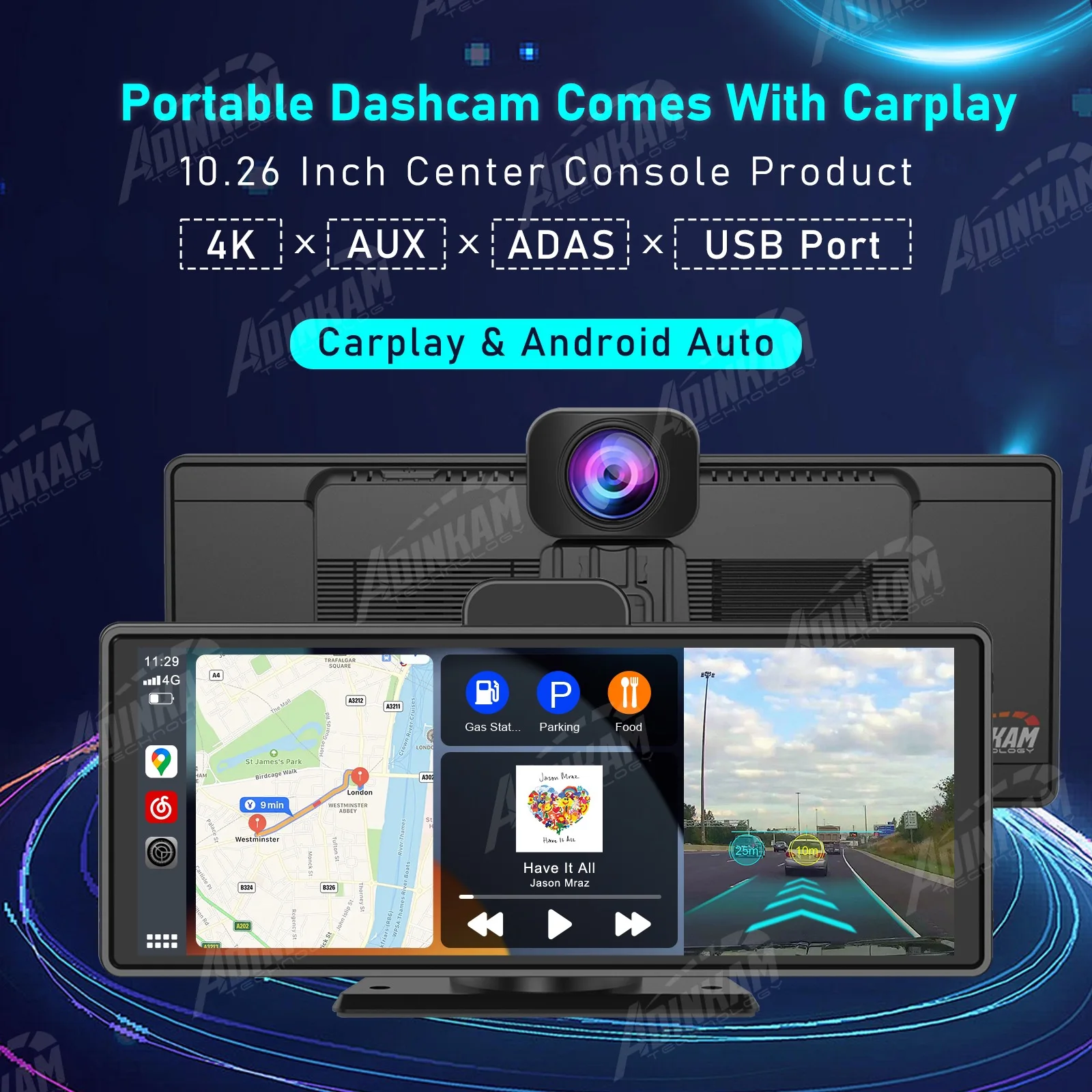 Upgraded 10.26Inch 5G WIFI ADAS GPS USB ADINKAM AUX Portable Wireless Carplay Android Auto AirPlay Miracast Dash Cam 4K Dashboar