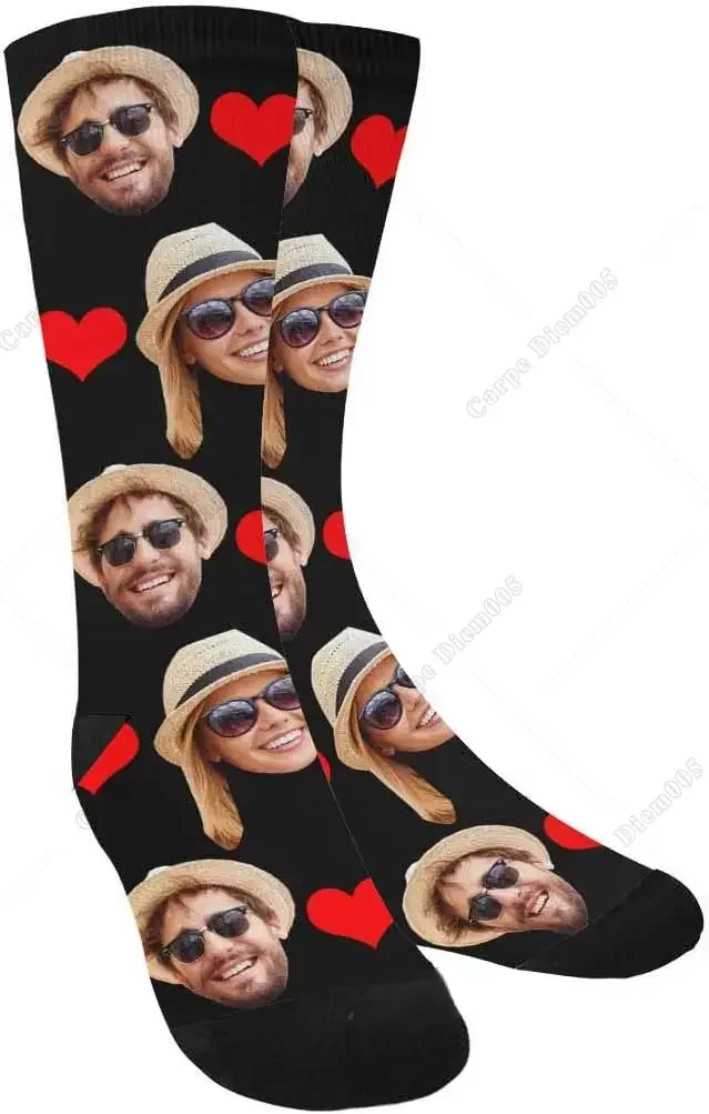 Custom Photo Couple Girlfriend Face Socks Love Heart Crew Socks with 2 Faces for Men Women One Size