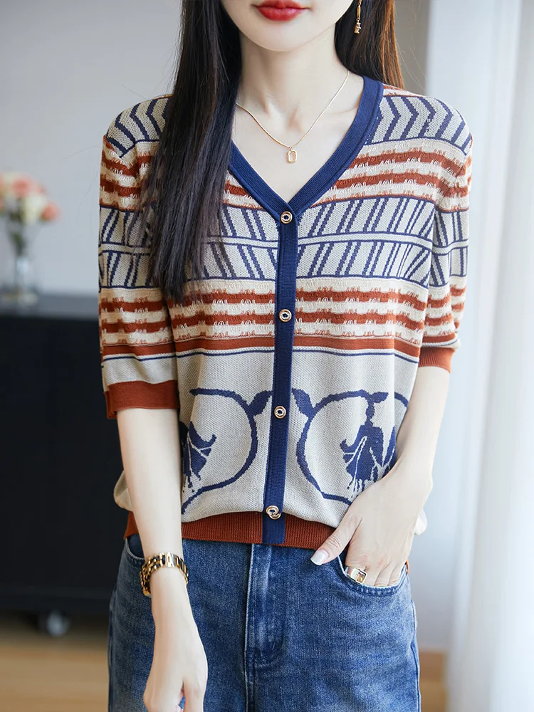 Verão fino decote em v retro chique estampado contrastante cardigan para mulher high-end 100% navio viajando camisa de manga curta