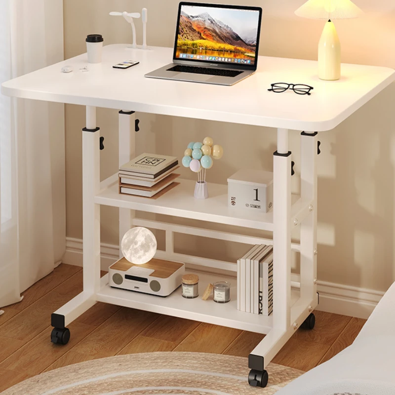 Movable Laptop Desk for Bed, Height Adjustable Study Table with Storage Shelf, Multifunctional Bedside Table for Working Eating