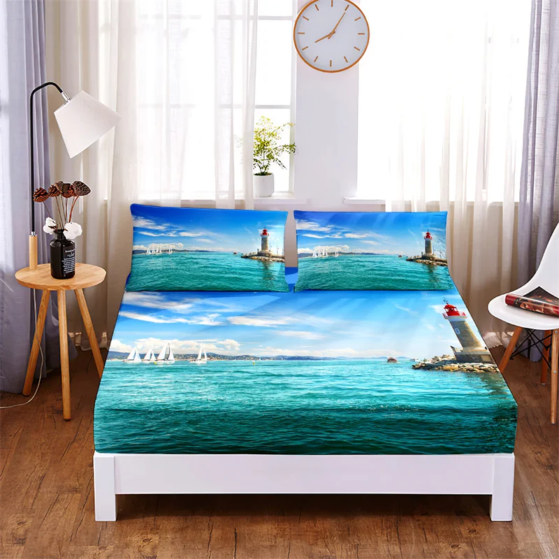 

3pc Polyester Seascape, Scenery Bedding Fitted Sheet Mattress Cover Four Corners with Elastic Band Non Slip Double Bed Sheet