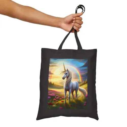 Polarshe Cotton Canvas Tote Bag Unicorn in Meadow in Fantasy Style Design 1, Gift