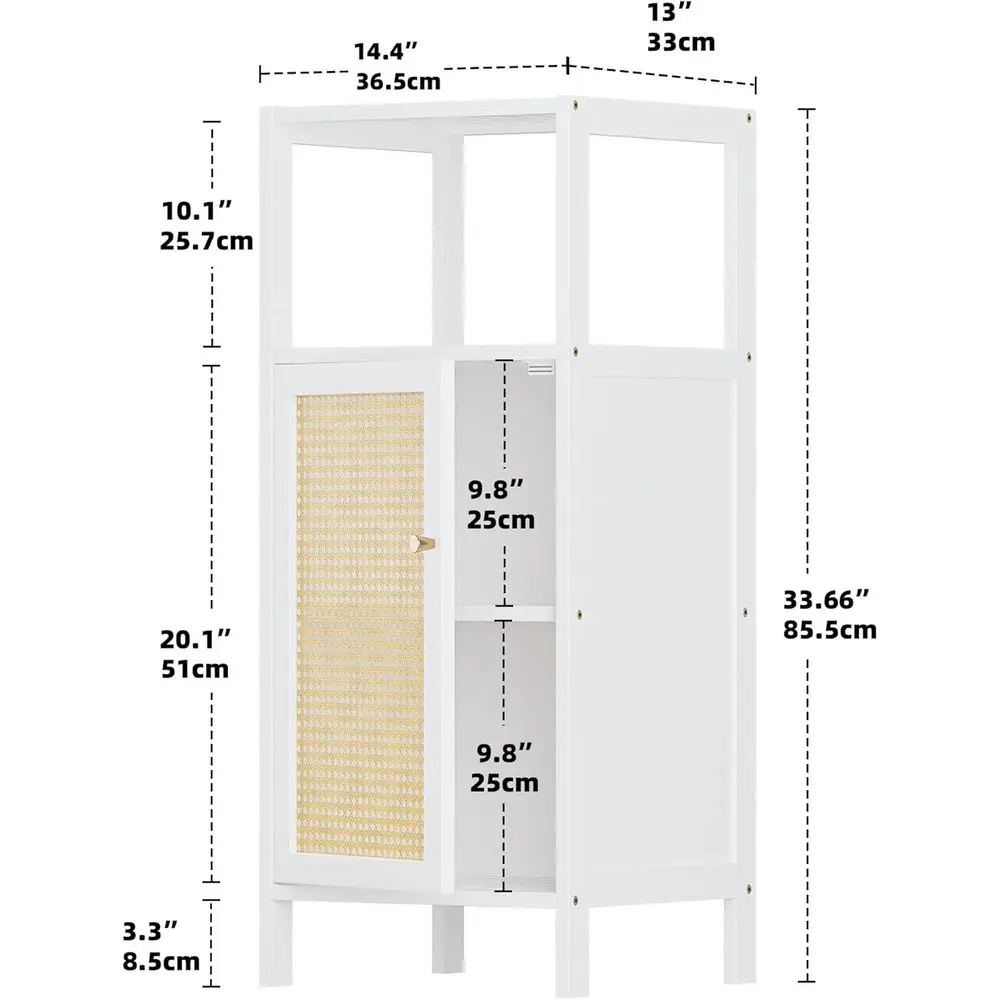 Armário de Banheiro de Bambu Branco Independente com Portas de Rattan para Espaços Pequenos
