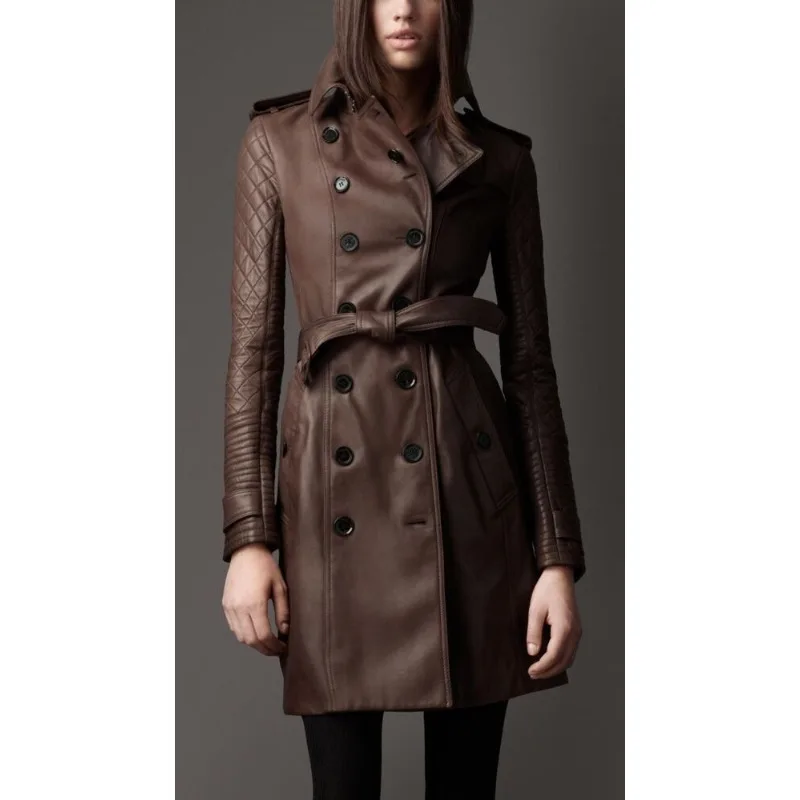 

Women's Brown Leather Trench Coat Genuine Lambskin Overcoat Long Winter Jacket