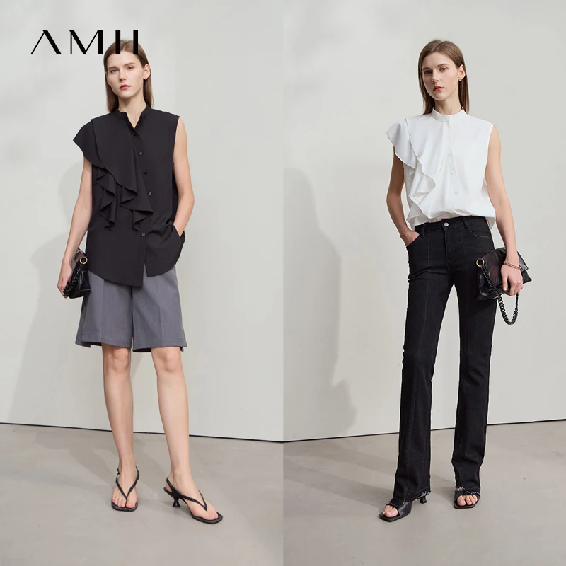 Amii Minimalist Loose Shirt 2025 Summer New Women Office Lady Blouse Casual Stand Collar Sleeveless Light Ruffle Top 12542187