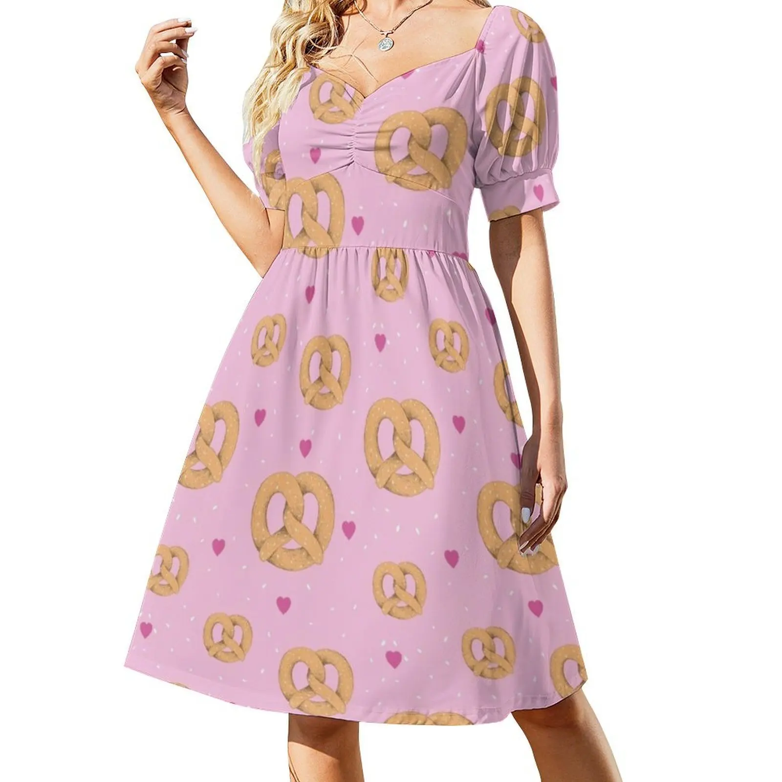 Cute Pretzel And Heart Seamless Pattern Vintage Bohemian Dress Puff Sleeve Or Sleeveless Options For Women Dress Pretzel Food