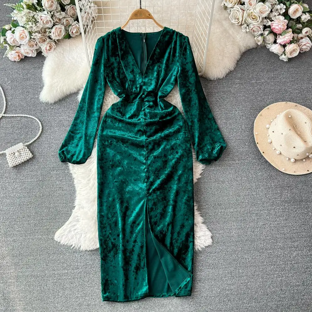 Ele Velvet Bubble Sve V-Ne Slimming Mid-Length Wrap Bodycon Dr Korean Sle Commute Pure Color Autumn Faion