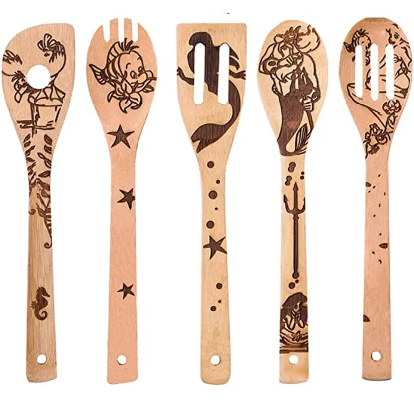 Lilo Stitch Shovel 5pcs Disney Mickey Mouse Princess Anime Kawai Bamboo Scoop Home Kitchen Cooking Spade Utensil Woman Men Gift