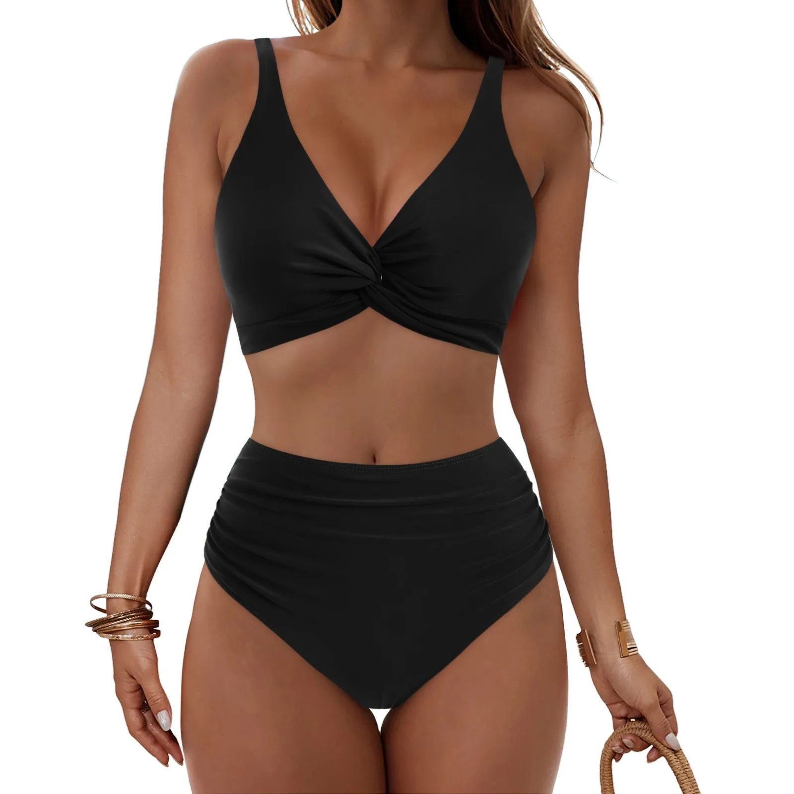 High Waisted Full Coverage Bikini Sets Women V Neck Tummy Control Conservative Two Piece Summer Beach Bathing Suit