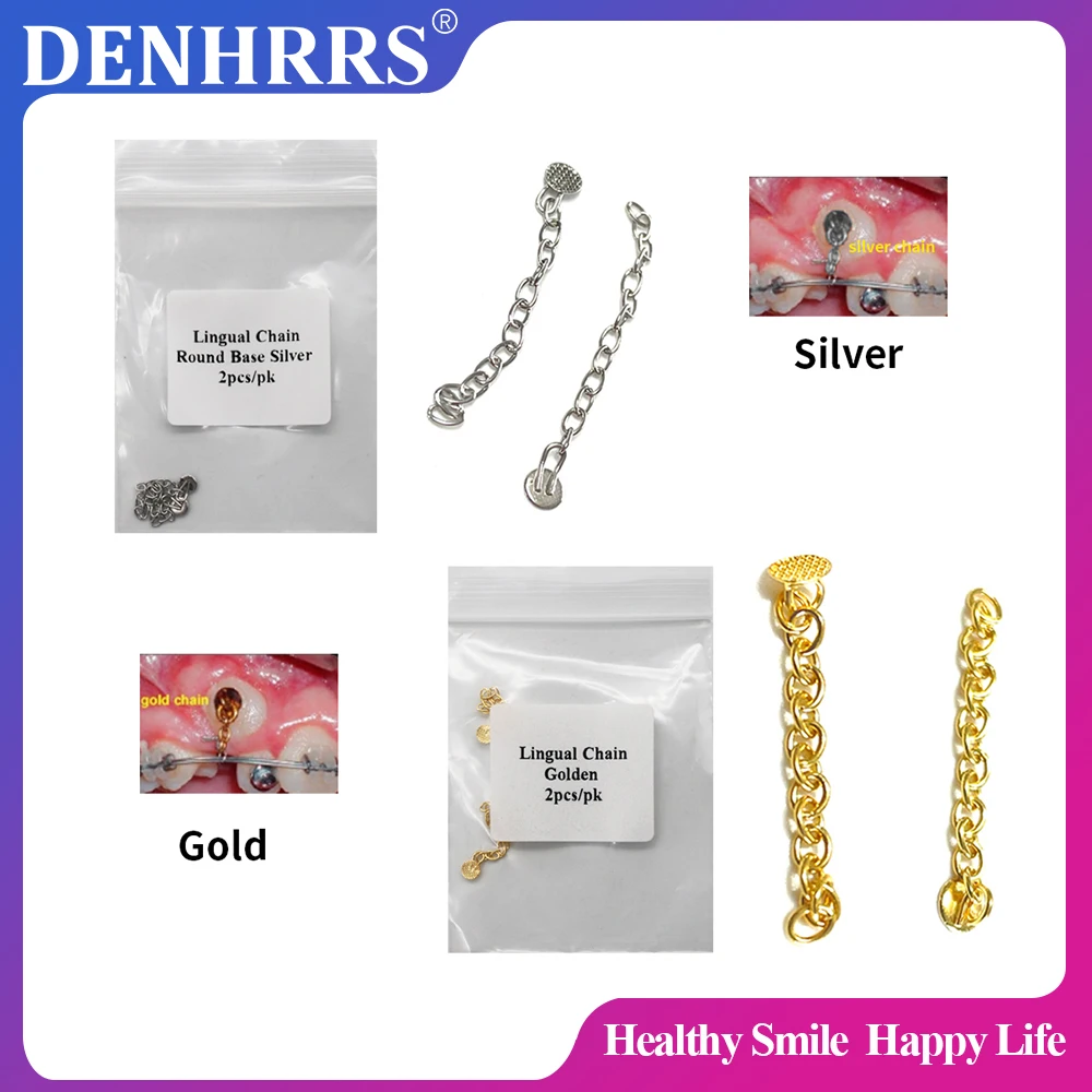 Dental Orthodontic Lingual Button Chain Gold Silver Plated Mesh Round Base 2Pcs/Pack
