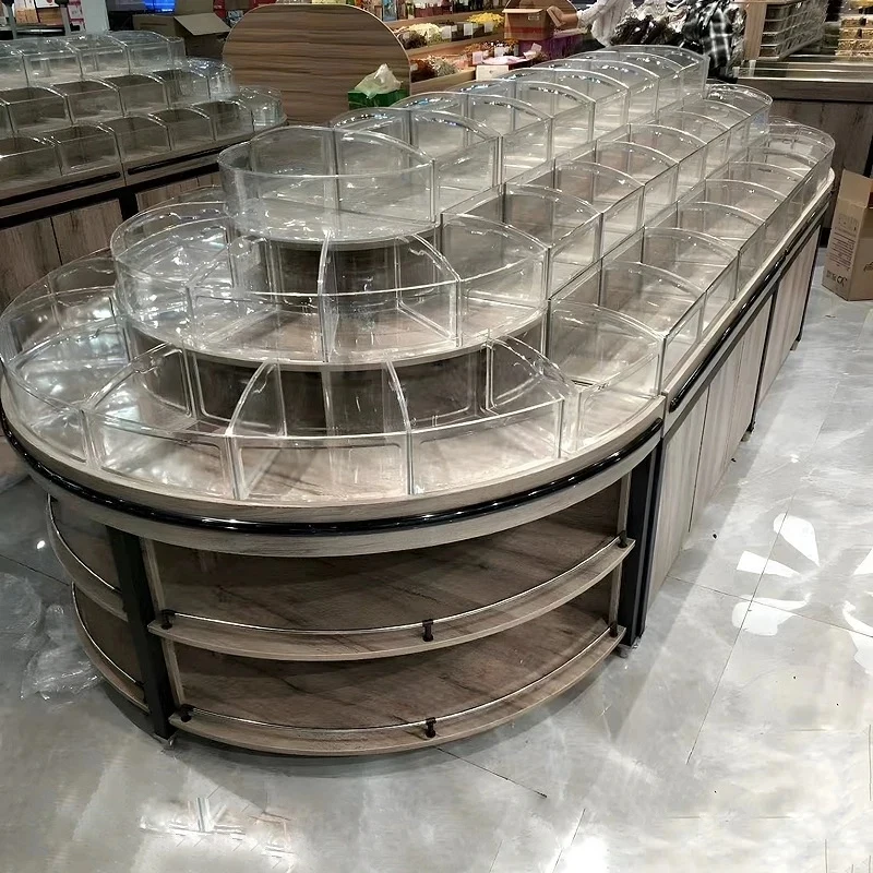 custom.Custom Square Island Loose Food Display Cabinet LED Light Heavy Duty Supermarket Bulk Snack Shelf Biscuit Candy Display R