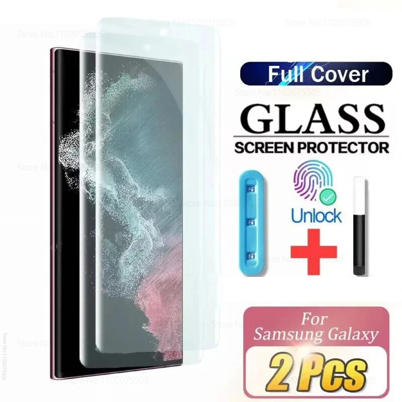 Osłona ekranu z klejem UV do Samsung Galaxy S22 S24 S23 Ultra Note 8 9 10 20 S8 S9 S10 S20 S21 Plus S24 Szkło hartowane