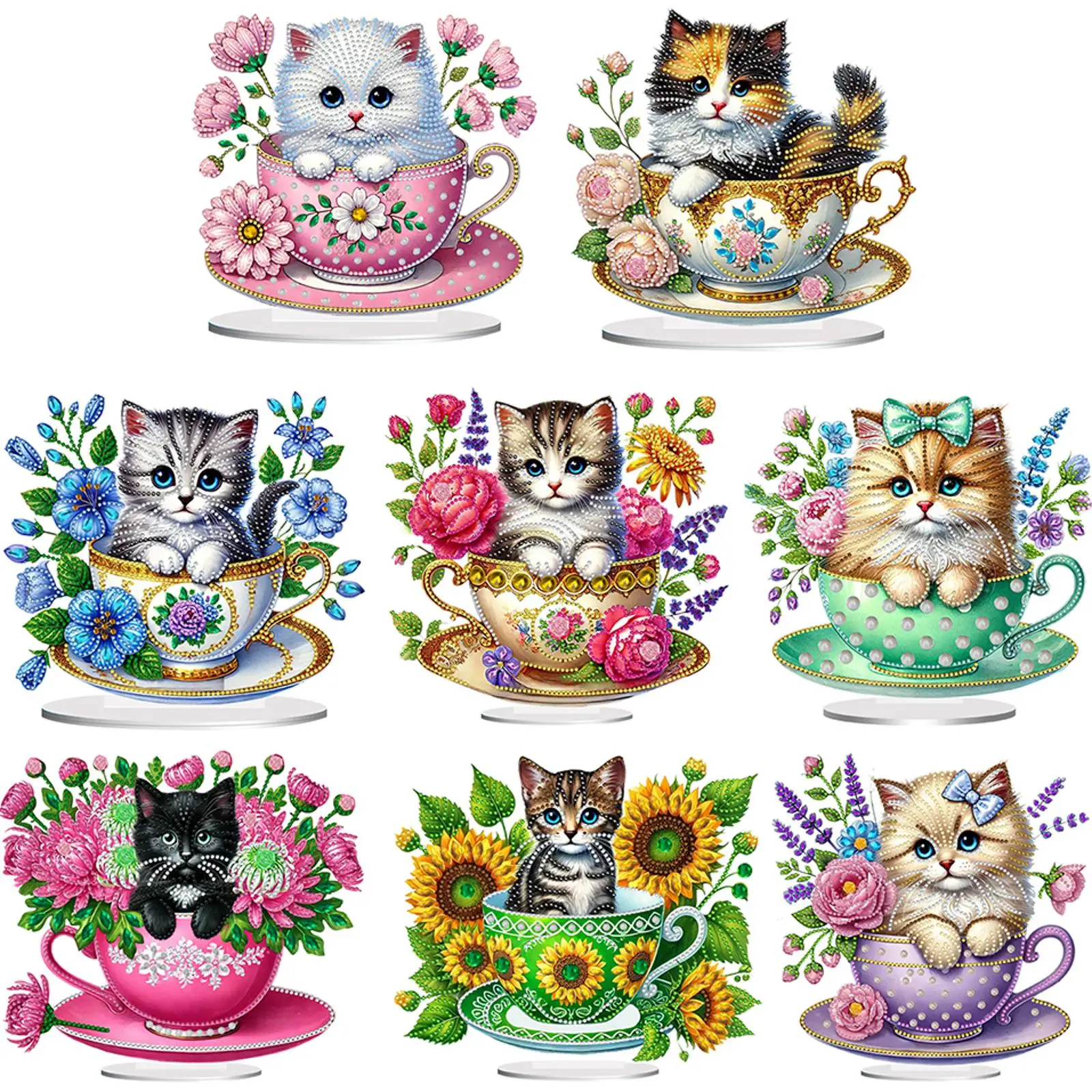 Kit de Pintura de Diamantes 2D/Plana con Diseño de Gato en Taza de Té, Adornos de Escritorio, Decoraciones de Escritorio para el Hogar y la Oficina