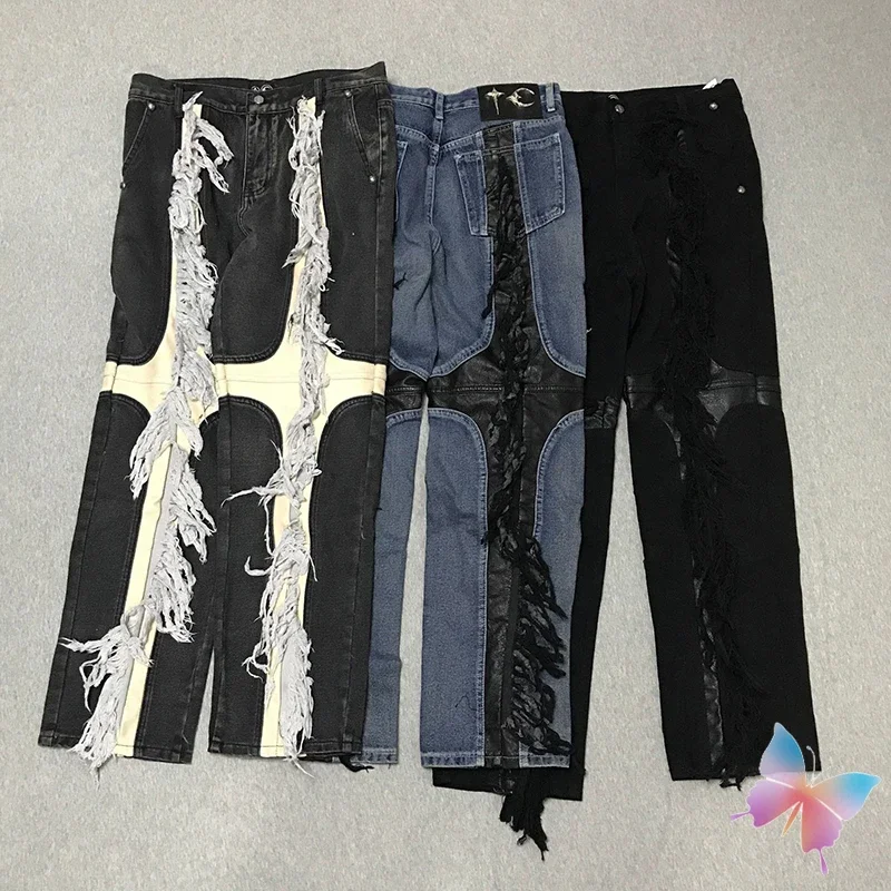 THUG CLUB جينز ثقيل الوزن من الجلد على شكل نجمة القمر الربط اللون حجب شرابة Vinatge سراويل جينز مغسولة للرجال والنساء
