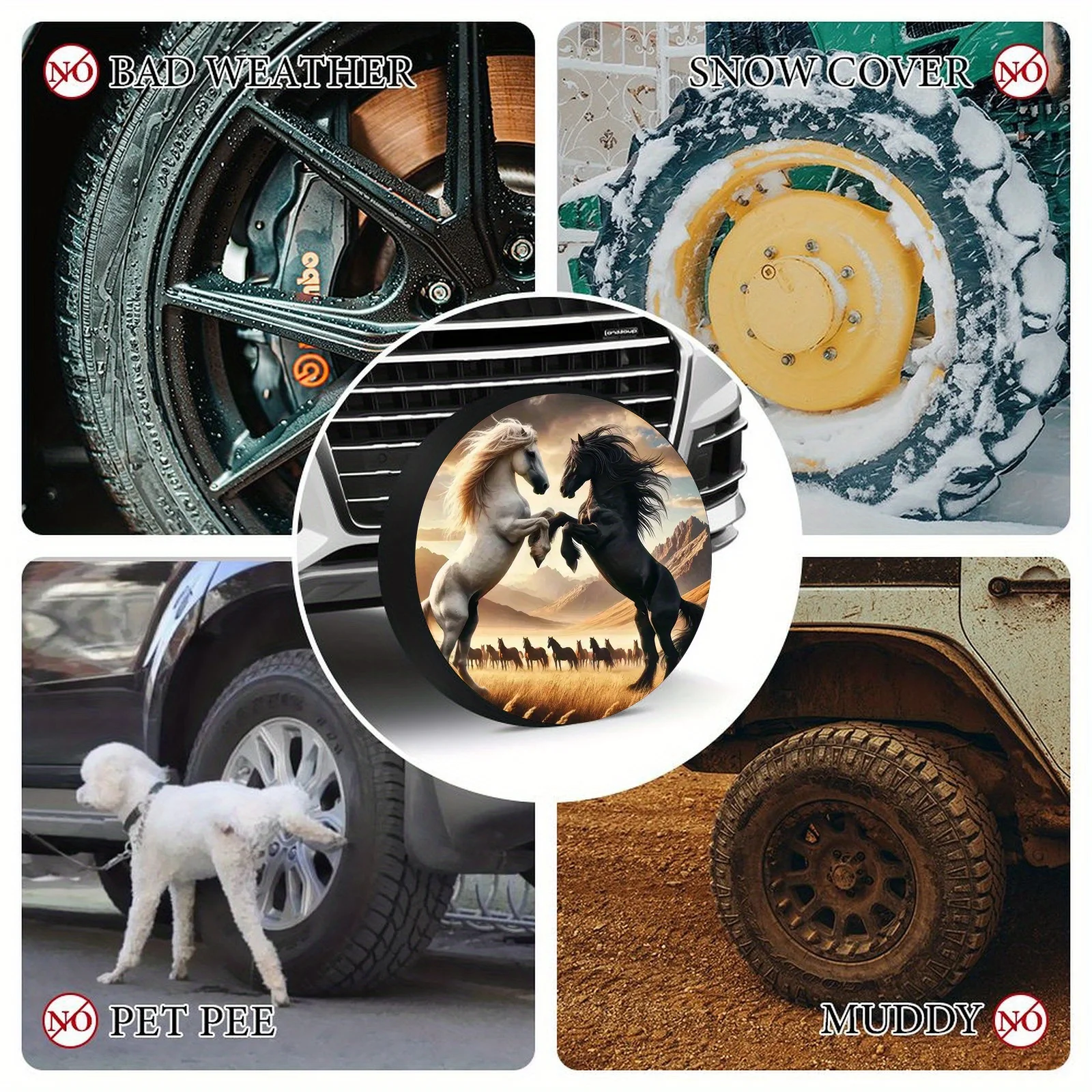 Black Horses Spare Tire Cover Waterproof Sun Protection Fit for Trailers Off-Road Vehicle Camper Trucks Wheel Cover 14 Inches