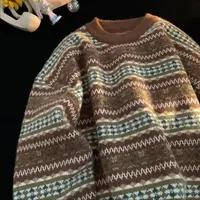 Men 2025 Autumn Winter New Fashion Thicken Sweaters Tops Male Long Sleeve Loose Jumpers Men O-neck Striped Knitted Tops C74