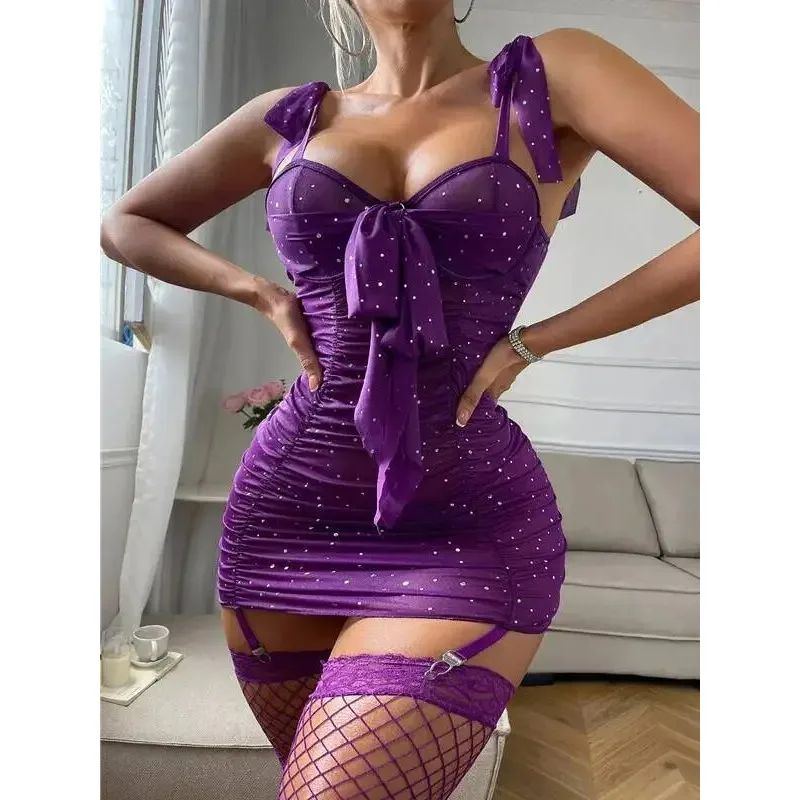 Drawstring Bow Sparkling Diamond Tight Wrapped Hip Dress For Nightclub Backless Deep V Suspenders Sleeveless Dress Charming