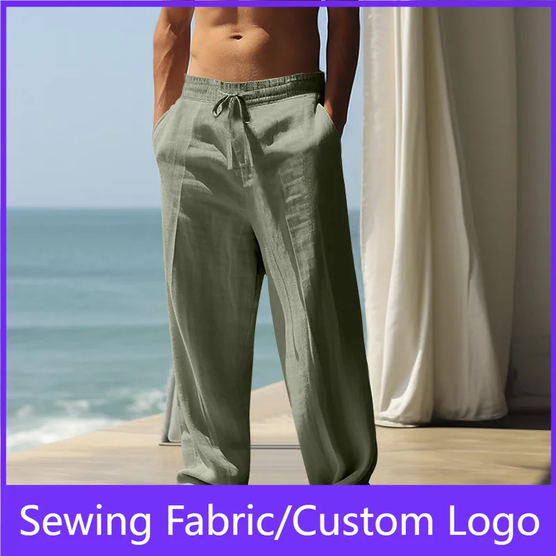 Men's Summer Drawstring Waist Wide Leg Loose Cotton Linen Yoga Pants Beach Casual Trousers with Pockets Casual Lightweight Pants