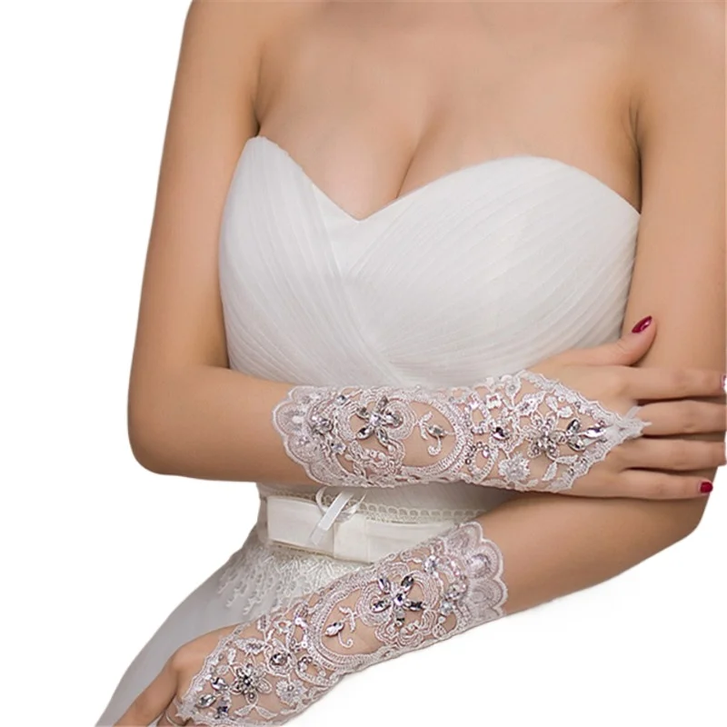 New Arrival White Fingerless Rhinestone Lace Sequins Short Bridal Gloves Wedding Accessories 2022