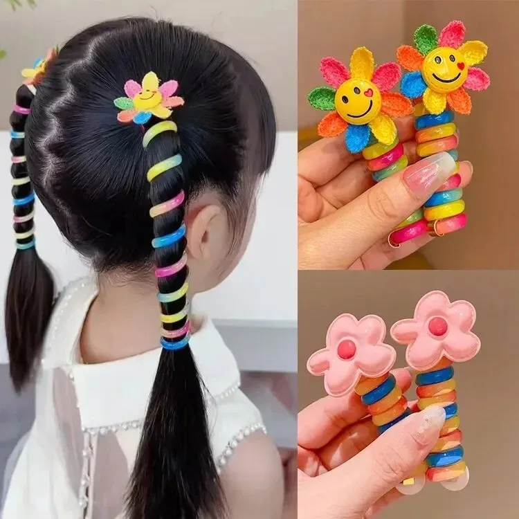 Cute Girls Elastic Rubber Bands Children Telephone Wire Hair Spiral Coil Hairbands Hair Rope Ponytail Sunflower Hair Accessories