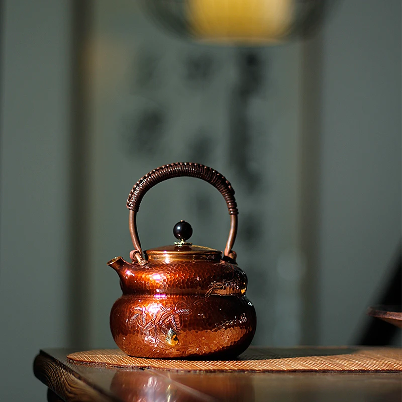 Pure Purple Copper Gourd Teapot Hand Pounded Chinese Style Boiling Tea Boiling Water Kettle Vintage Lifting Beam Kung Fu Tea Set