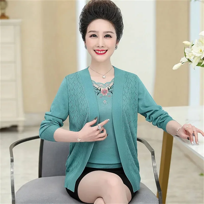 Mother Spring Summer Suit M-4XL Women\'s Knit Coat Cardigan Middle-Aged 2-Piece Set Thin Coat Knitted Embroidery Jacket Vintage